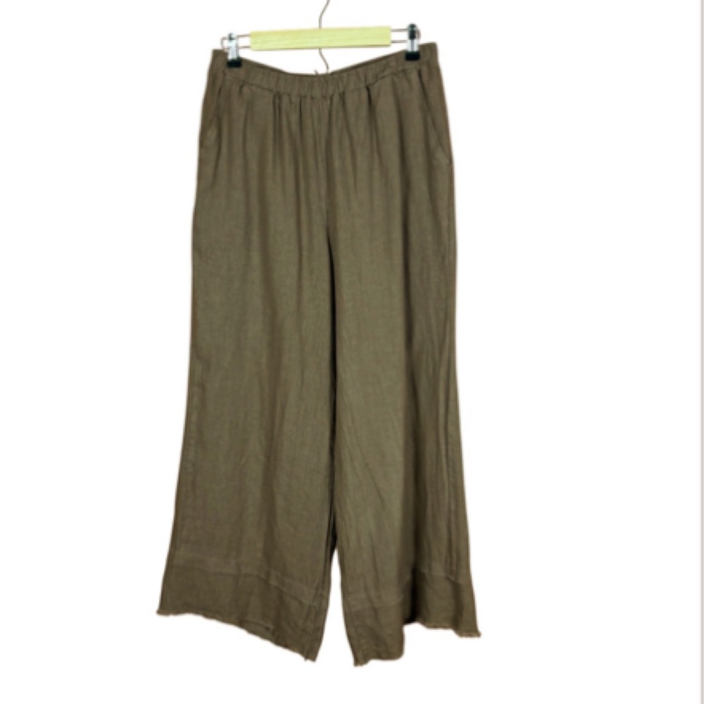 Match Point Pants Wide Leg Linen Pull On Frayed Hem Size Medium Brown Lagenlook